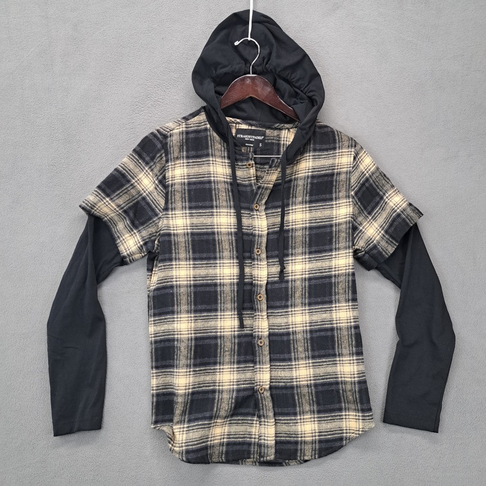 Straight Faded NY Small Flannel Shirt Long Sleeve Hooded Plaid Button Down